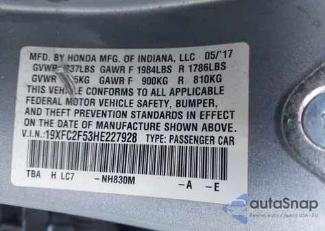 2017 Honda Civic Lx from USA, damaged, VIN 19XFC2F53HE227928